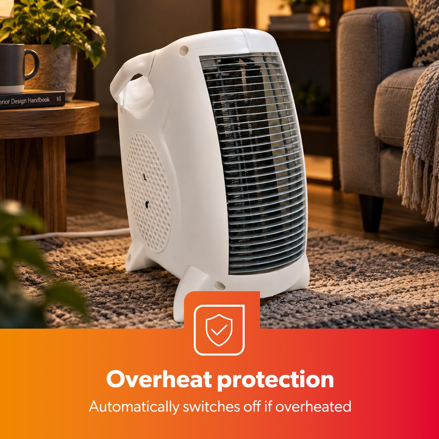 The upright 2000W electric fan heater in a living room space showing off the overheat protection heater safety feature.