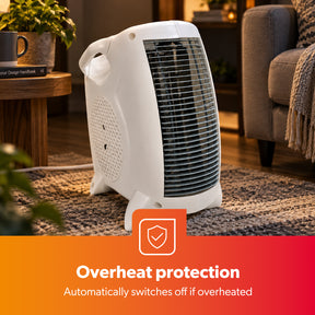 The upright 2000W electric fan heater in a living room space showing off the overheat protection heater safety feature.