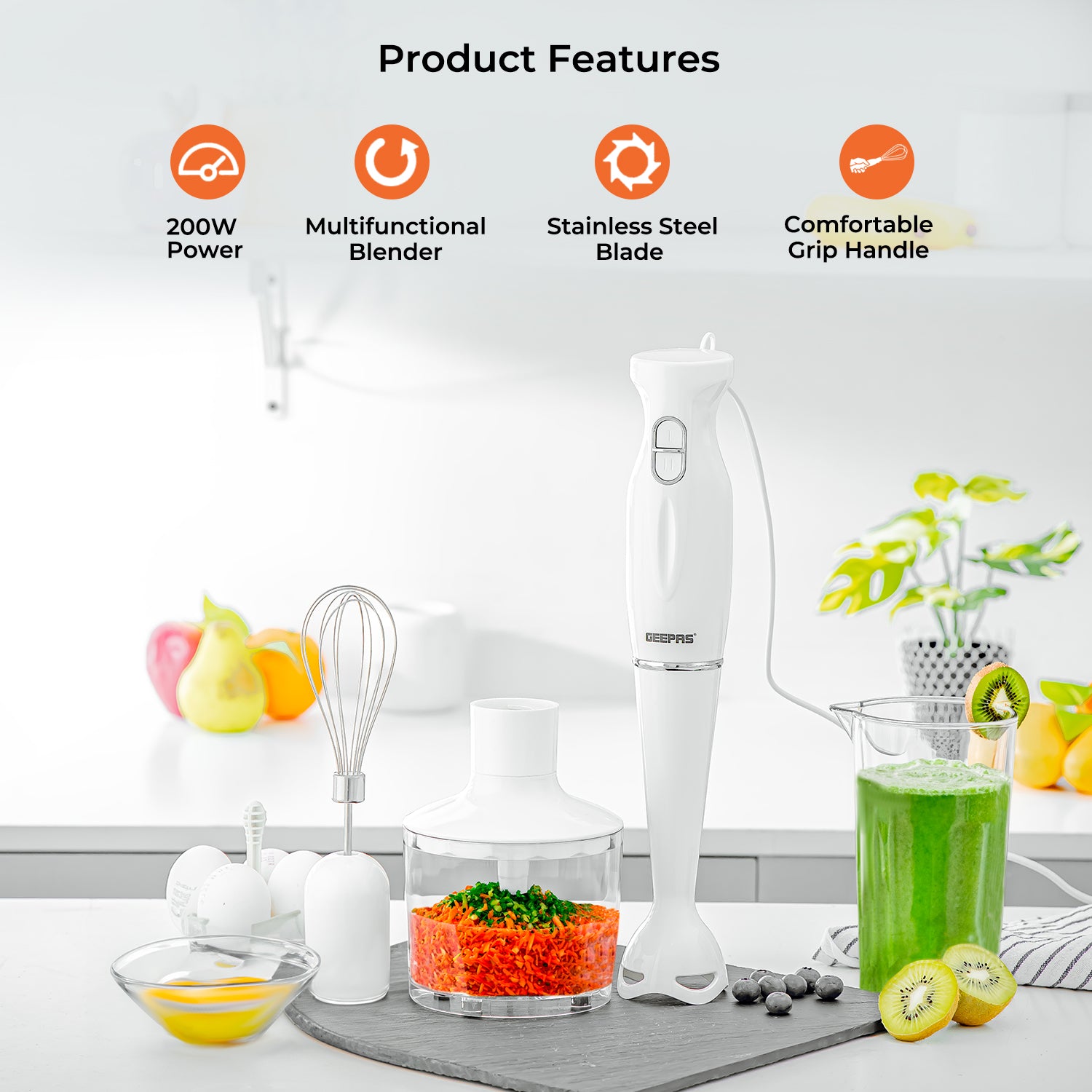 4-in-1 White Hand Blender with Electric Whisk