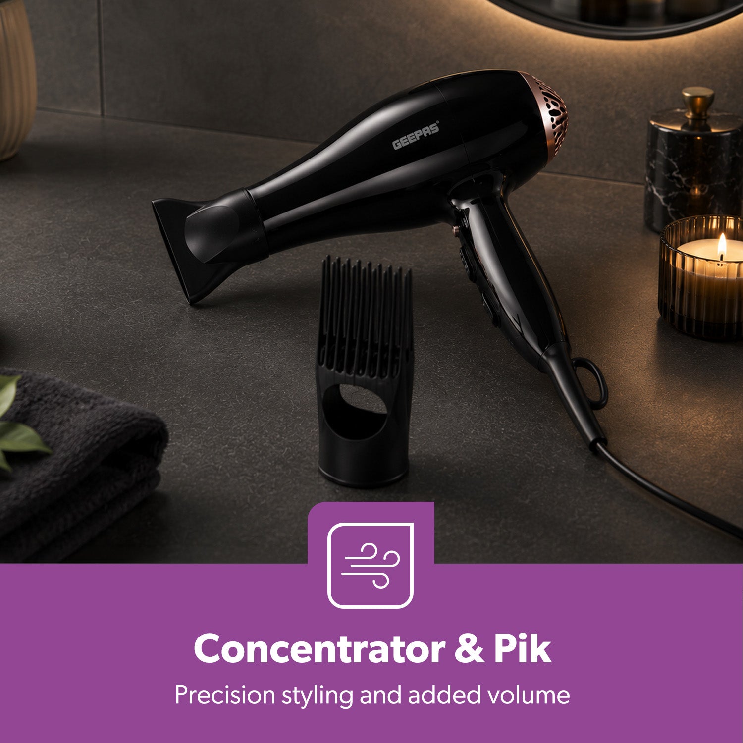 2000W ProX Fast Drying Black Hair Dryer With 3 Heat Settings