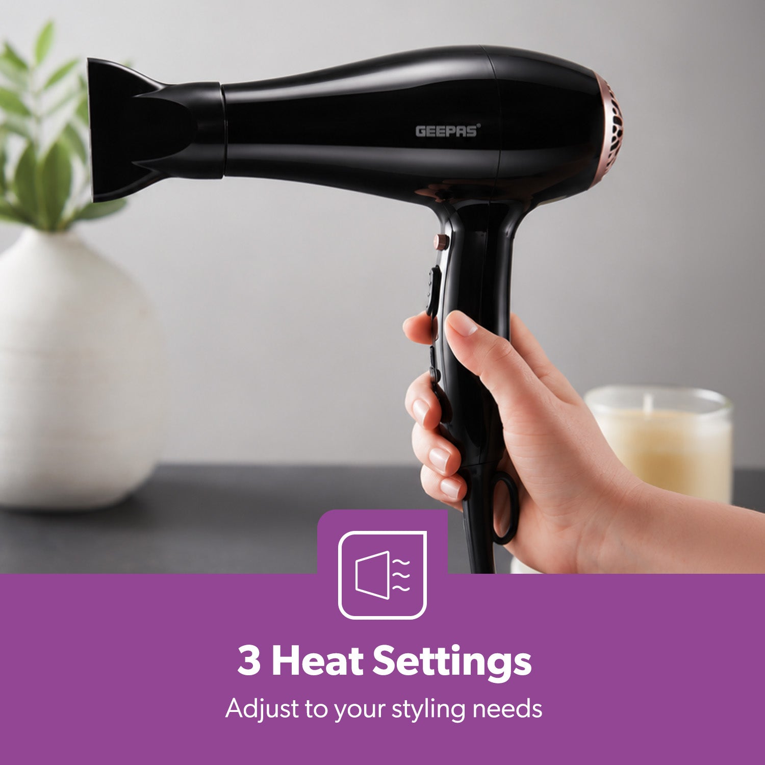 2000W ProX Fast Drying Black Hair Dryer With 3 Heat Settings