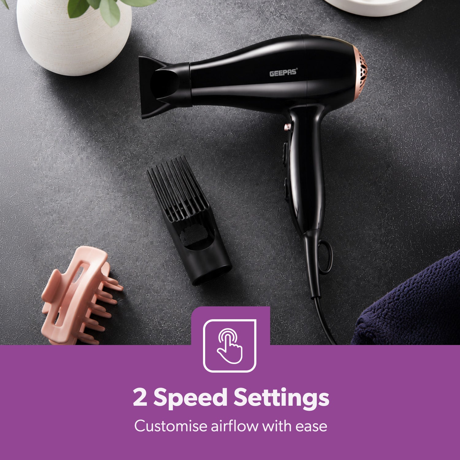 2000W ProX Fast Drying Black Hair Dryer With 3 Heat Settings