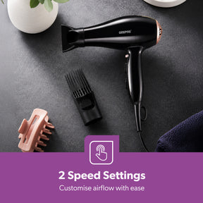 2000W ProX Fast Drying Black Hair Dryer With 3 Heat Settings