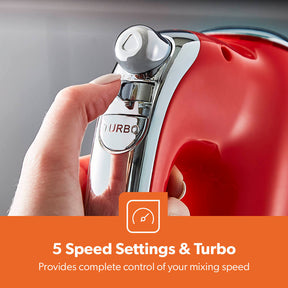 5-Speed Red and Chrome Retro Hand Mixer and Whisk