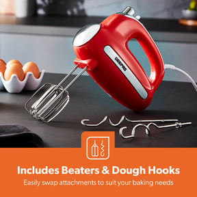 5-Speed Red and Chrome Retro Hand Mixer and Whisk
