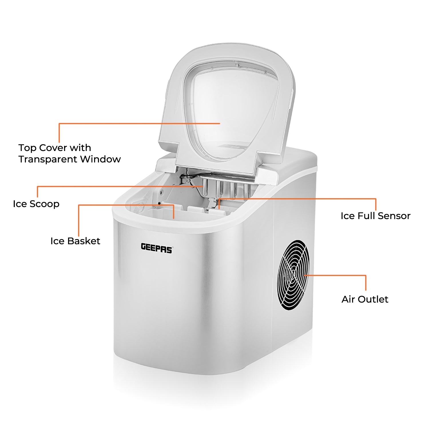 This image shows a breakdown of the ice cube maker, the top cover with the transparent window, the ice scoop and basket, ice creating sensor, air outlet.