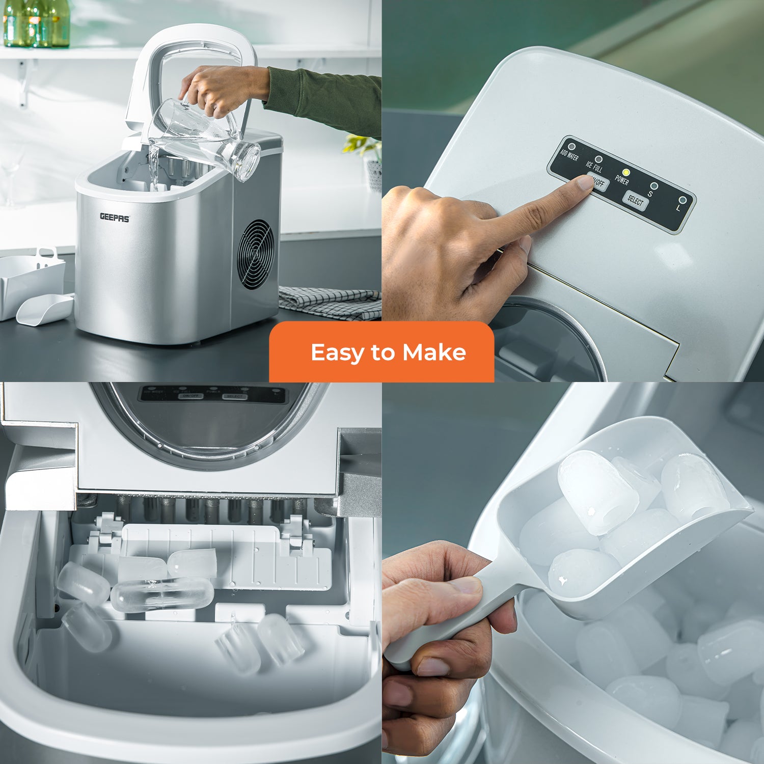 The image shows off the simplicity of using the machine, simply pour the water into the machine, select your settings on the control panel, wait, enjoy crisp ice cubes.