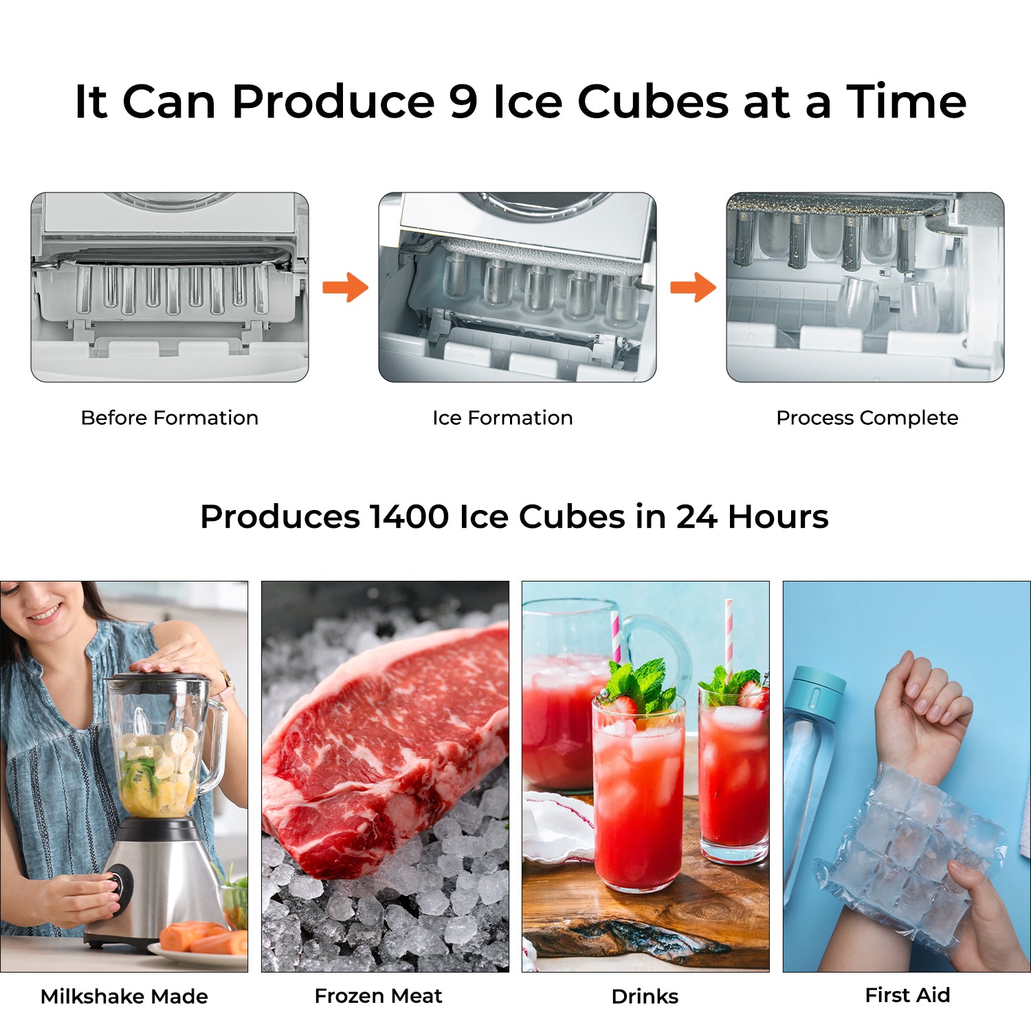 This image shows off what the process of creating the ice cubes looks like inside of the machine, there are 9 freezing sticks that turn the water from the machine into ice cubes, showing the production rate at 1400 ice cubes in 24 hours.