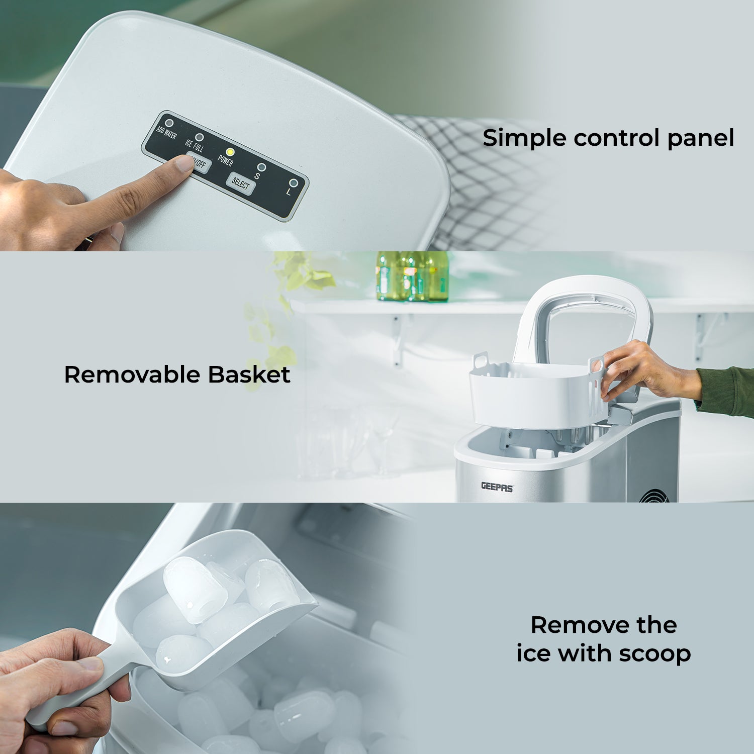 This image shows off the main features of the silver ice cube making machine, firstly the simple control panel, the removable basket, and a special ice scoop.