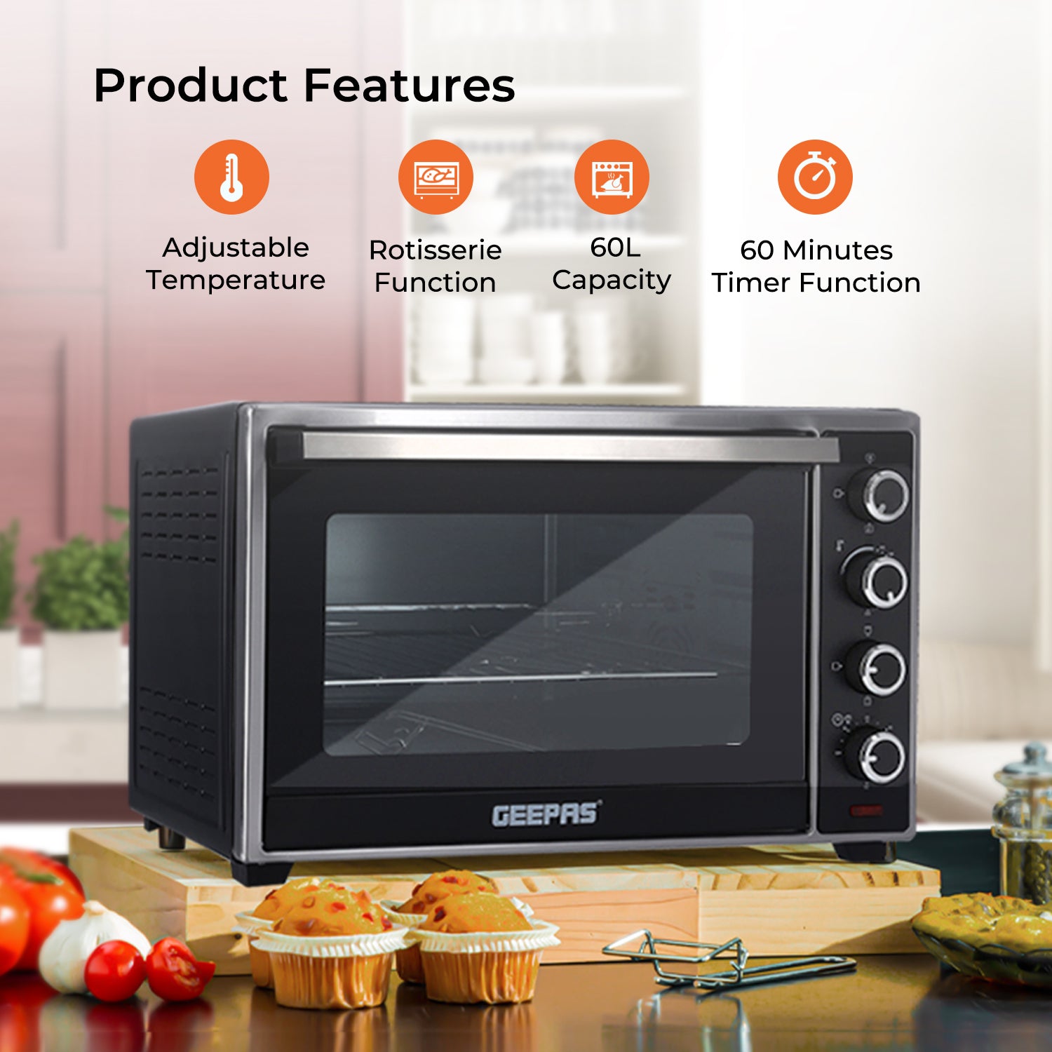 60L Electric Mini Oven Cooker & Grill With Rotisserie