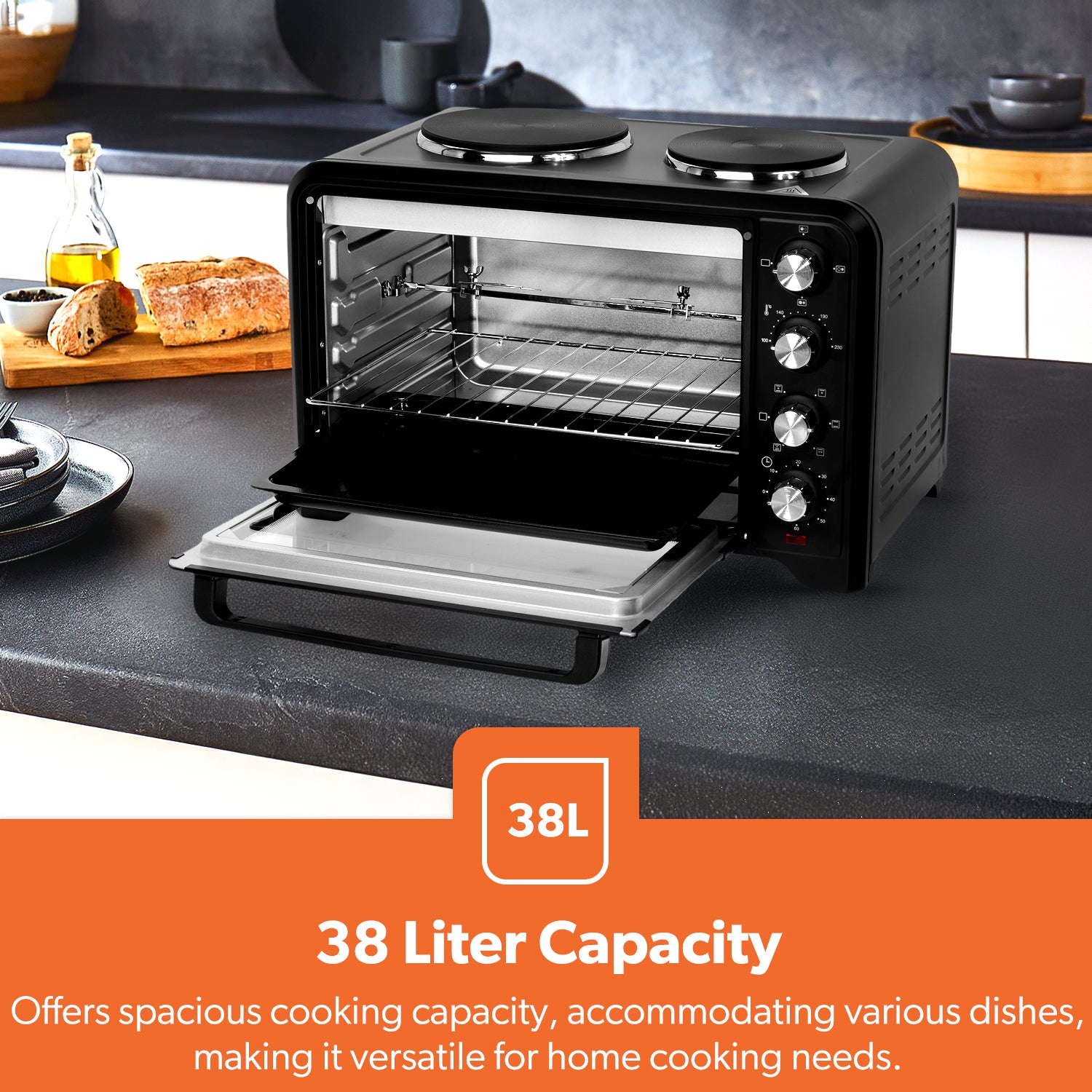 38L Electric Mini Oven Cooker Rotisserie With Hot Plates Geepas UK