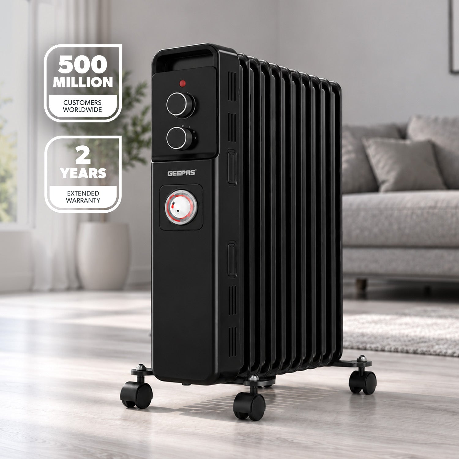 11 Fin Black Oil Filled Radiator Heater 2500W With Thermostat