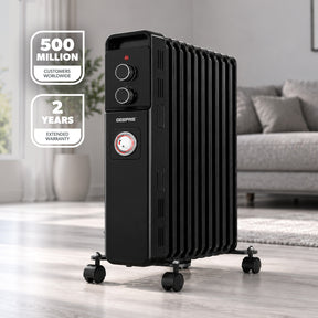 11 Fin Black Oil Filled Radiator Heater 2500W With Thermostat