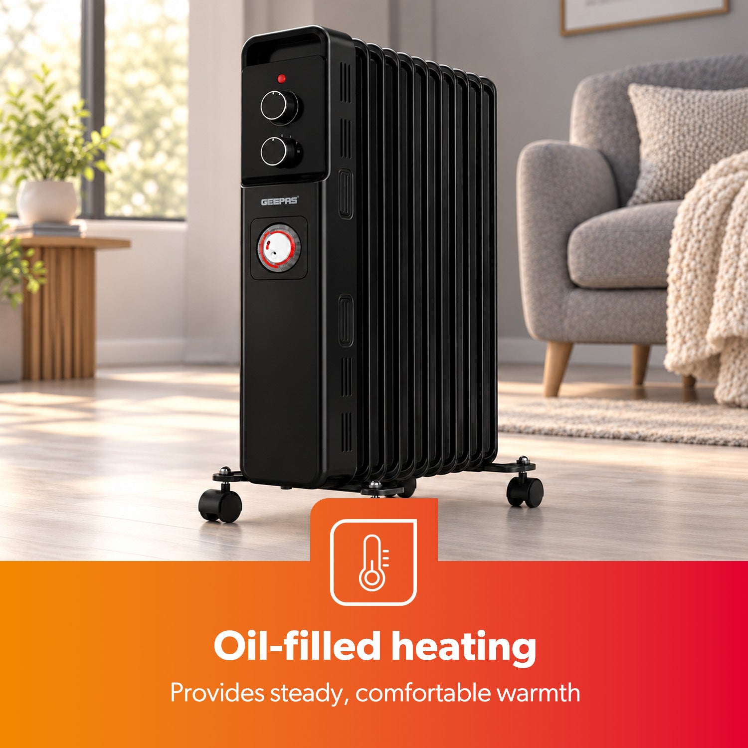 11 Fin Black Oil Filled Radiator Heater 2500W With Thermostat