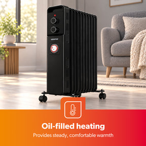 11 Fin Black Oil Filled Radiator Heater 2500W With Thermostat