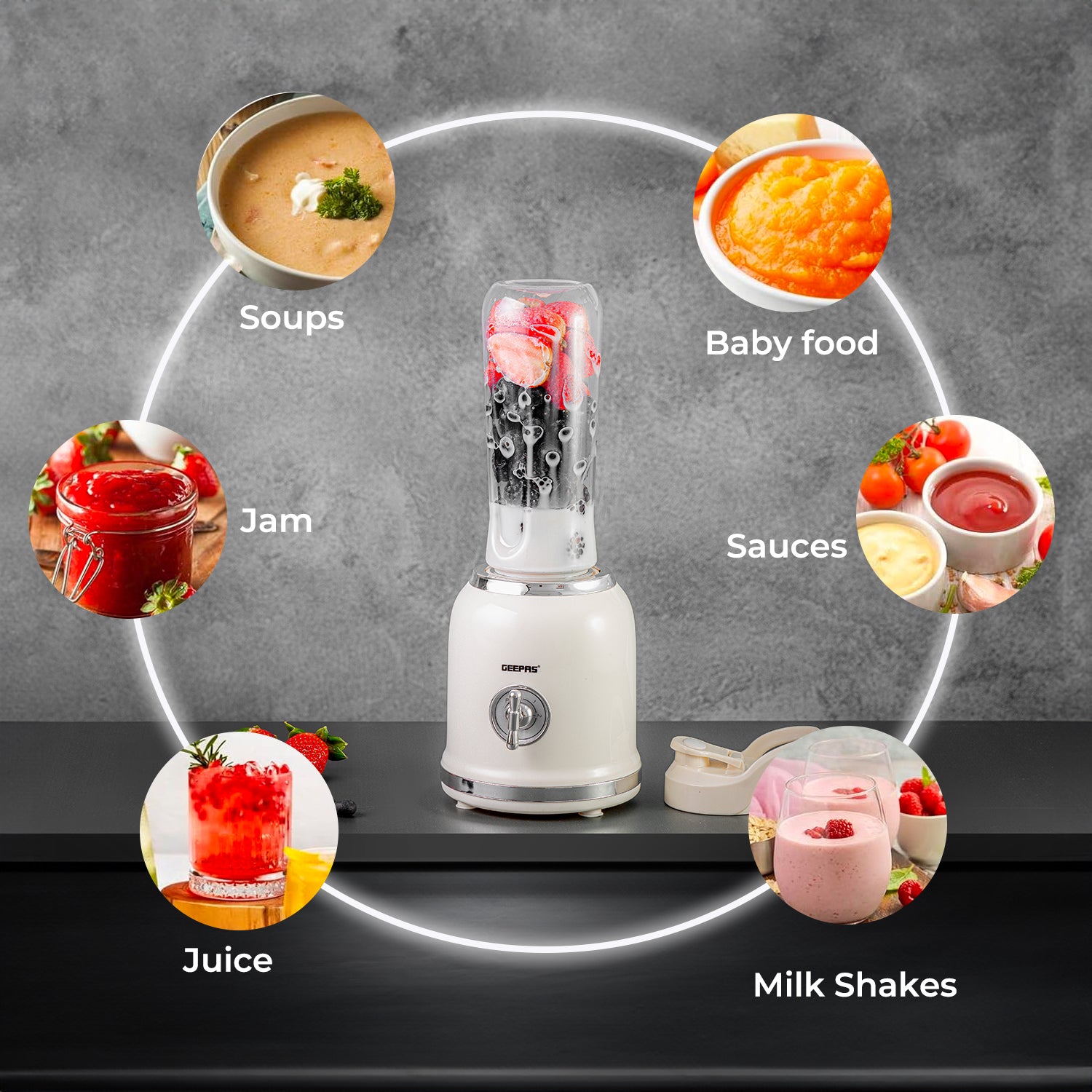 The image shows the variety of tasks the blender can be used for including making juices, milk shakes, sauces, soups, smoothies and so much more