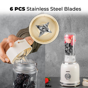 The image shows off the 6 piece stainless steel blades on the white retro blender and smoothie maker