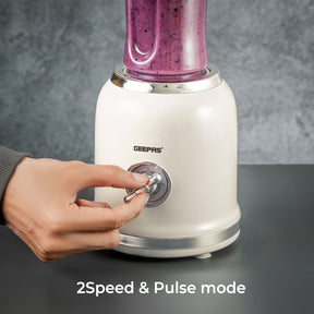 The image shows off the different power settings of the portable 2 speed retro blender and smoothie maker