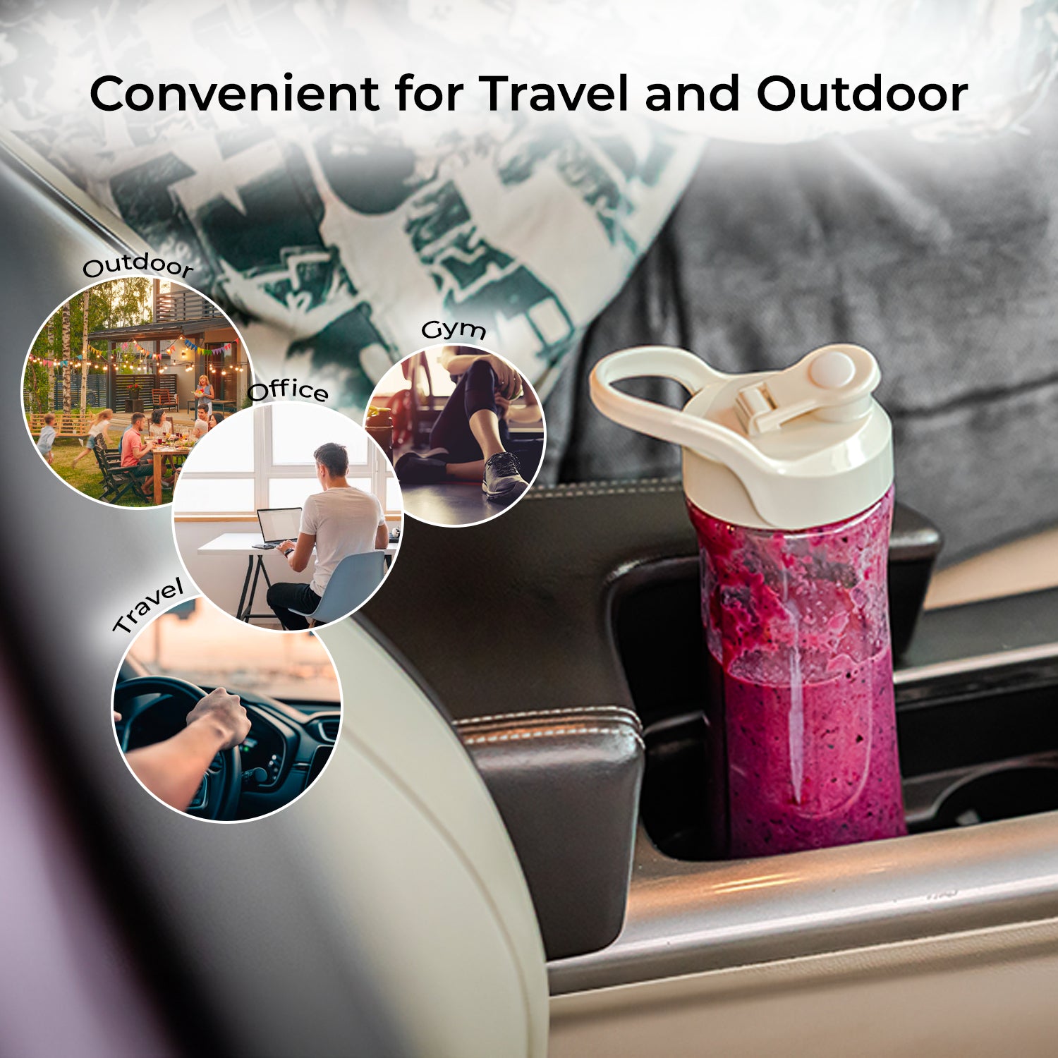 The image shows off an extra bottle for the travel blender in a car showing off it is portable and designed to be used on the go in the gym and more
