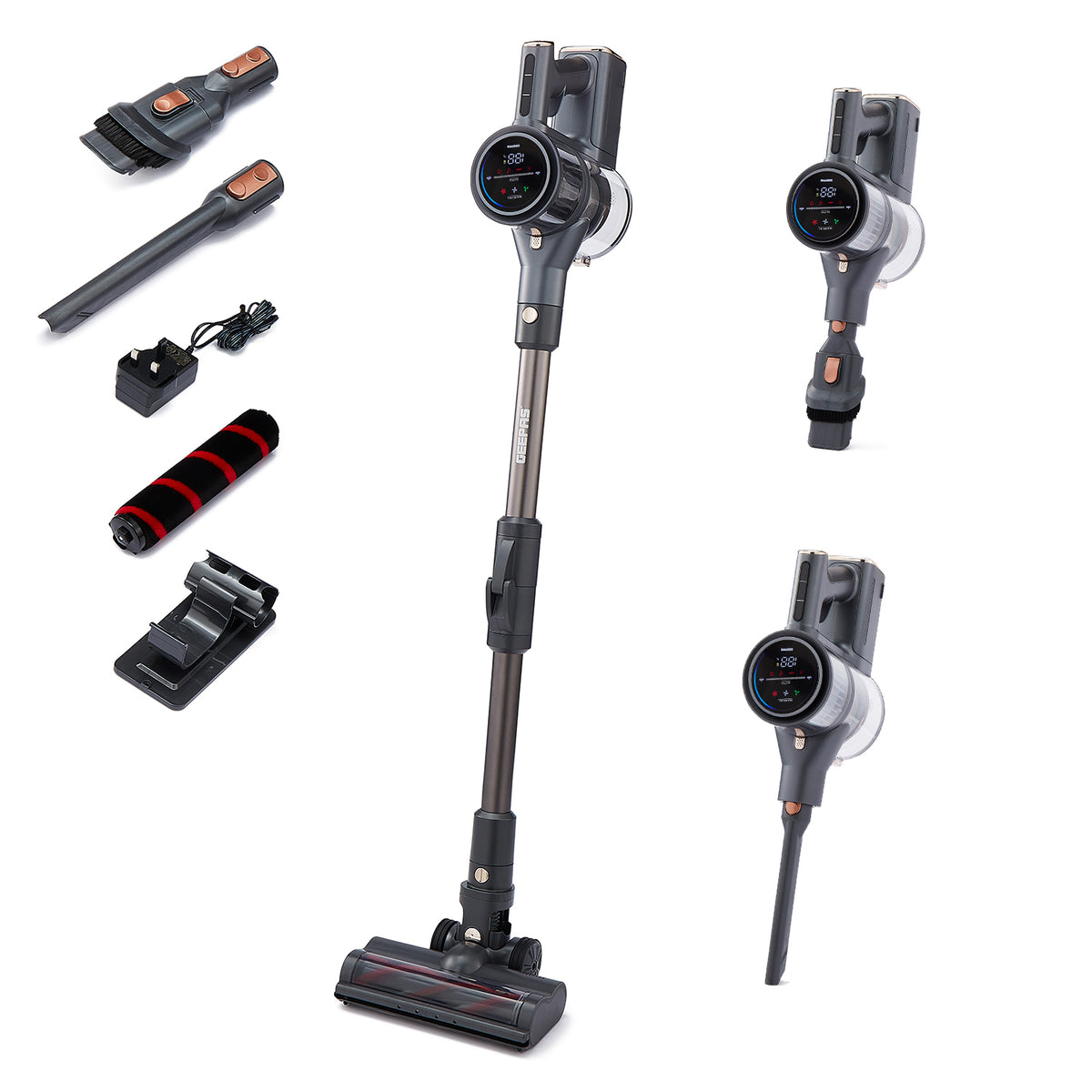 White background image showing off the different vacuuming modes and attachments included.