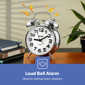 White Retro Bell Alarm Clock With Night Lamp