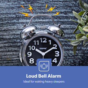 Black Retro Twin Bell Analog Alarm Clock With Night Light