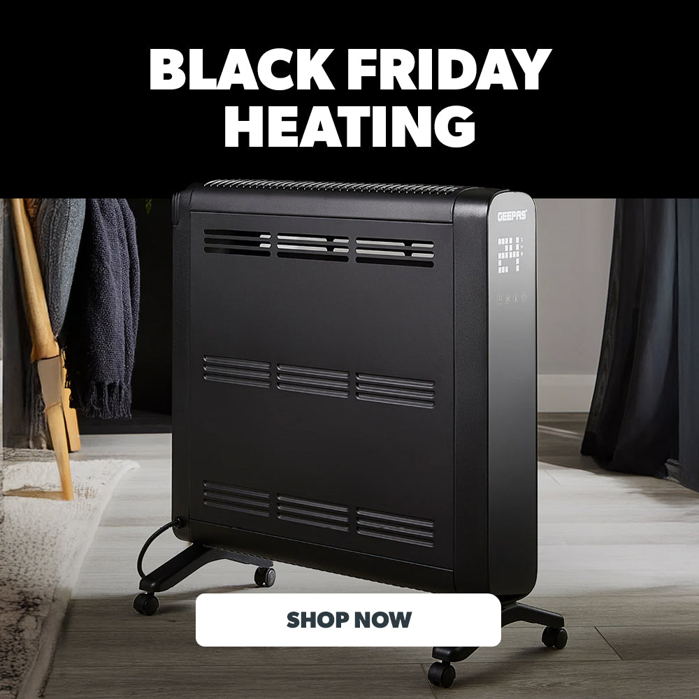 Black Friday deals on heating appliances with a heater in a living room in the background.