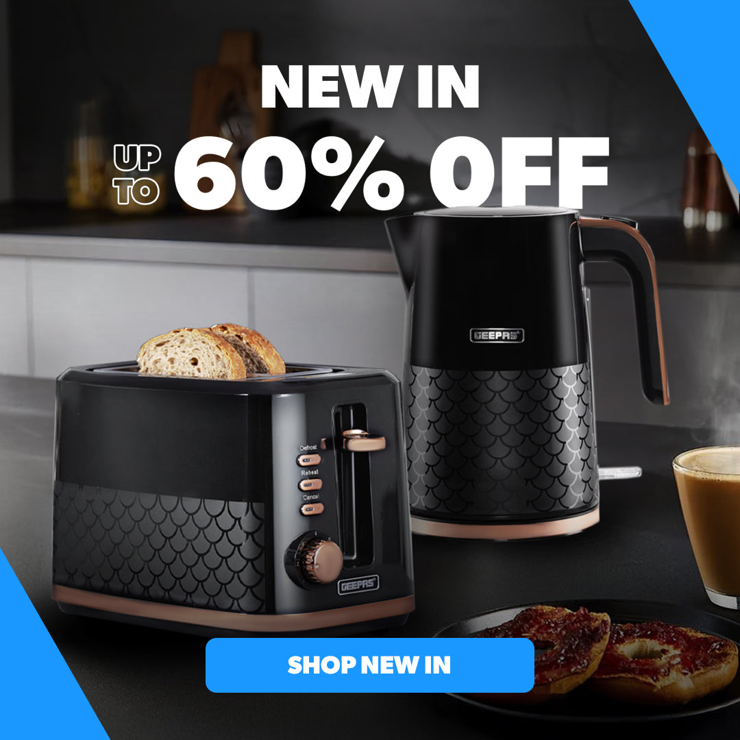 The image shows off the Geepas aurora kettle and toaster set on top of a kitchen countertop with two slices of toast besides it and a cup of coffee in the background.