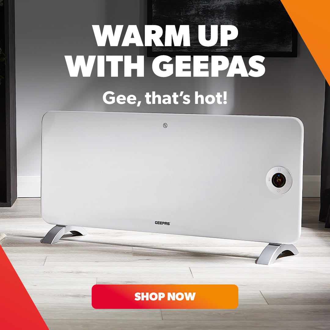 Geepas electric heater with promotional text and 'Shop Now' button on a gray background