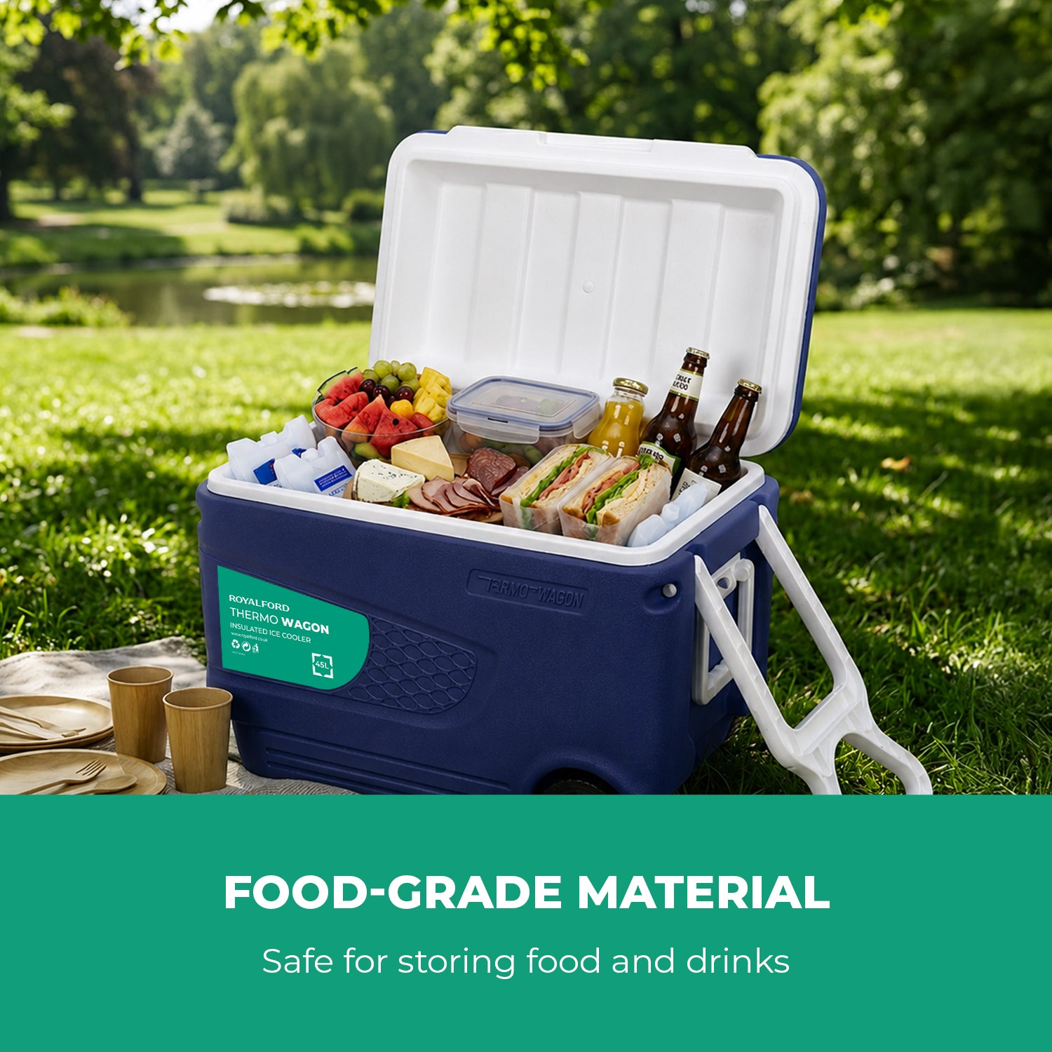 45L Large Blue Insulated Ice Cooler Chest With Wheels