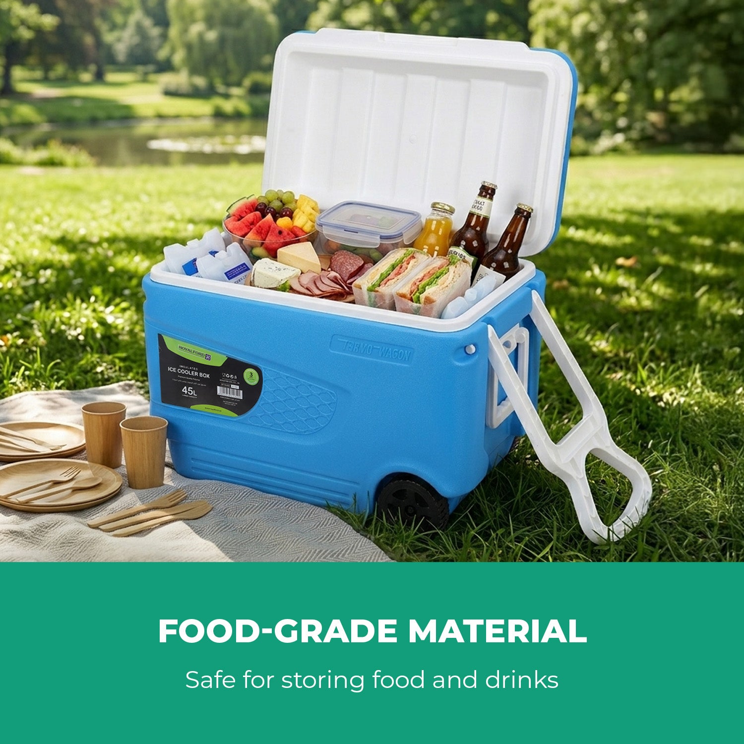 45L Large Blue Insulated Ice Cooler Chest With Wheels
