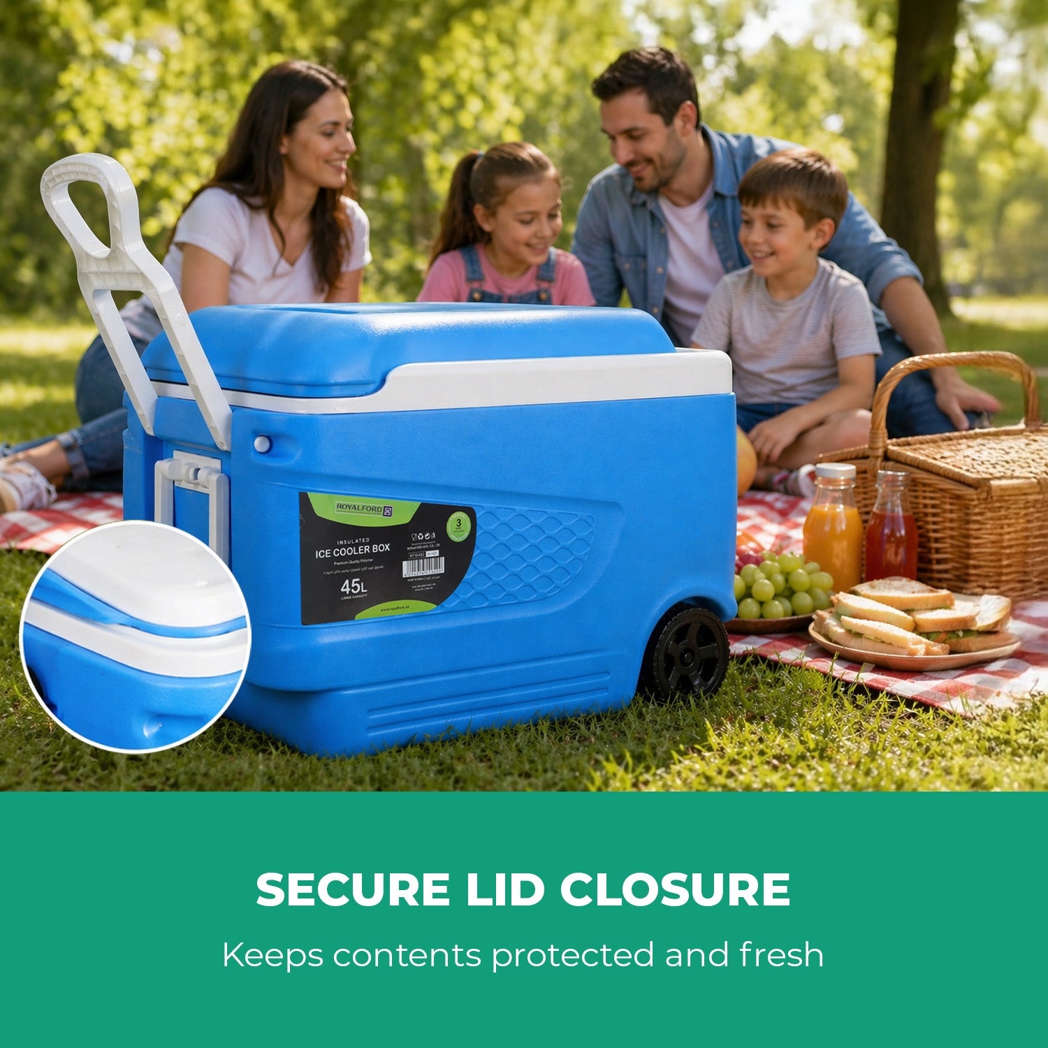 45L Large Blue Insulated Ice Cooler Chest With Wheels