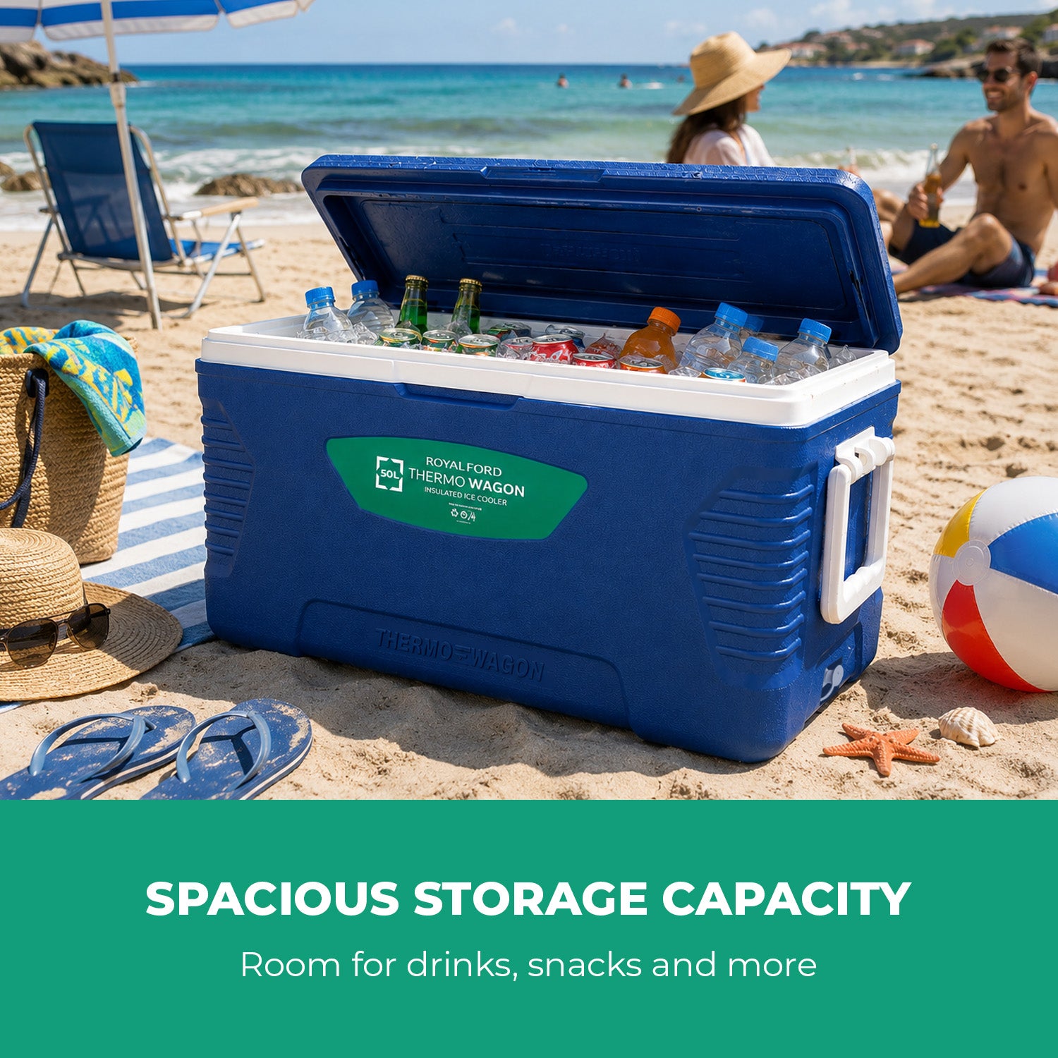 50L Insulated Ice Cooler Box With Handles and Cup Holder