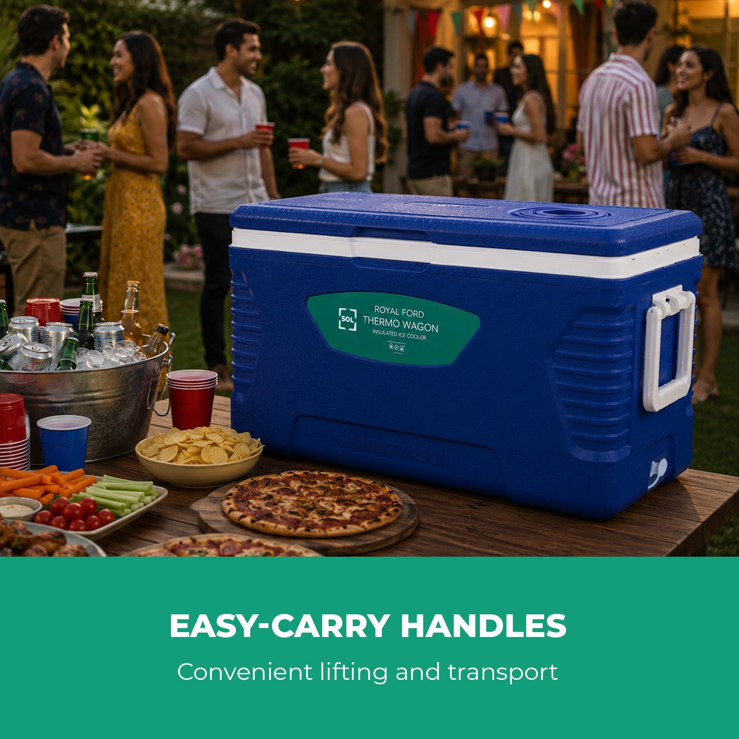 50L Insulated Ice Cooler Box With Handles and Cup Holder