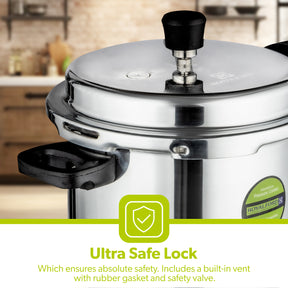 Image shows off the ultra safe lock of the 7L pressure cooker that features a built in vent with rubber gasket and safety valve.