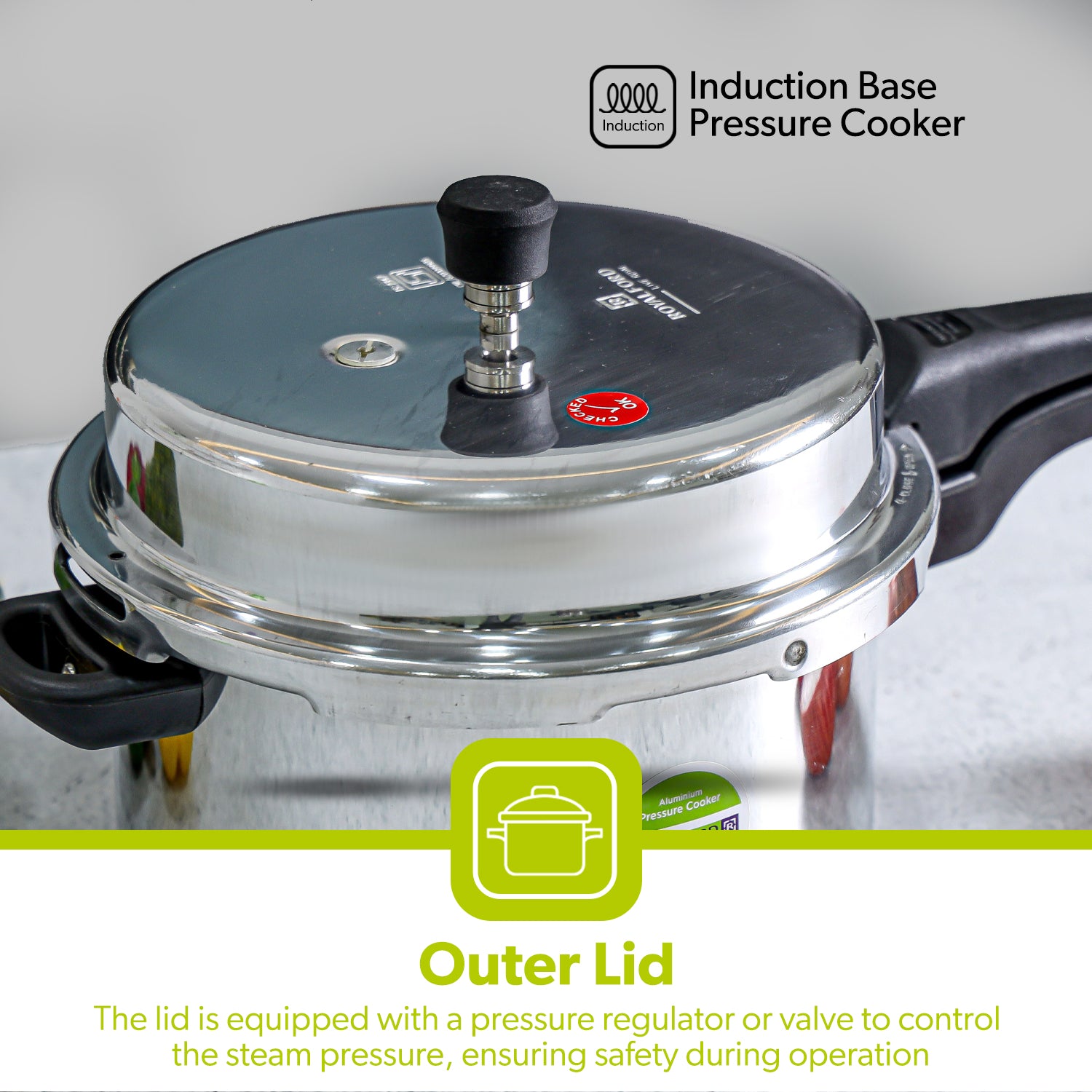 Image showing off that the 7L pressure cooker is induction compatible, the lid is equipped with a pressure regulator and valve.