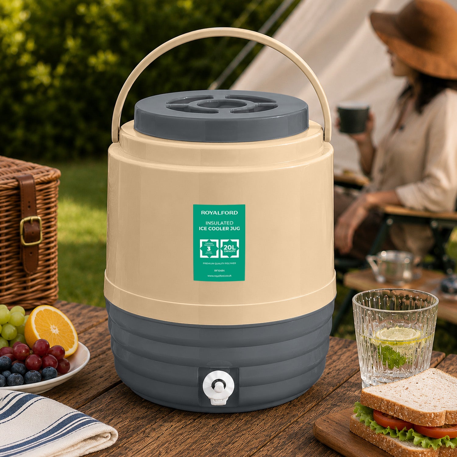 Beige 20L Insulated Ice Cooler Water Dispenser Jug