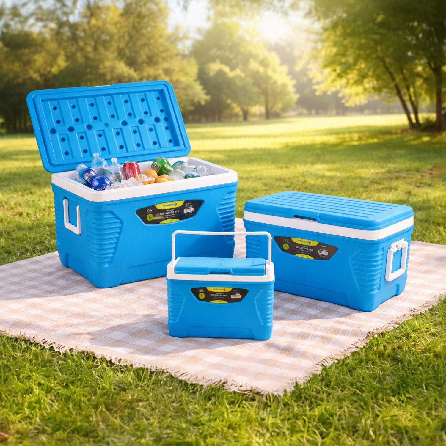 3-Piece Blue Insulated Ice Cooler Chests (5L, 25L & 50L)