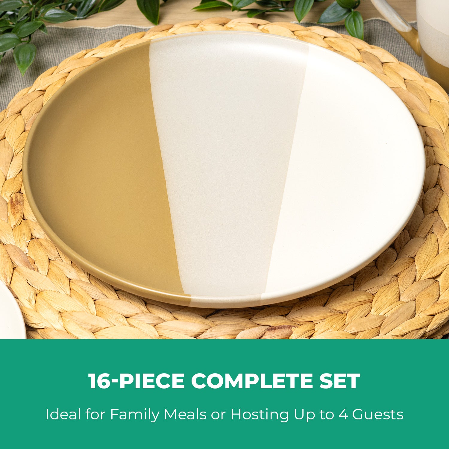 16-Piece Stoneware Dinner Set Plates, Bowls & Cups Set