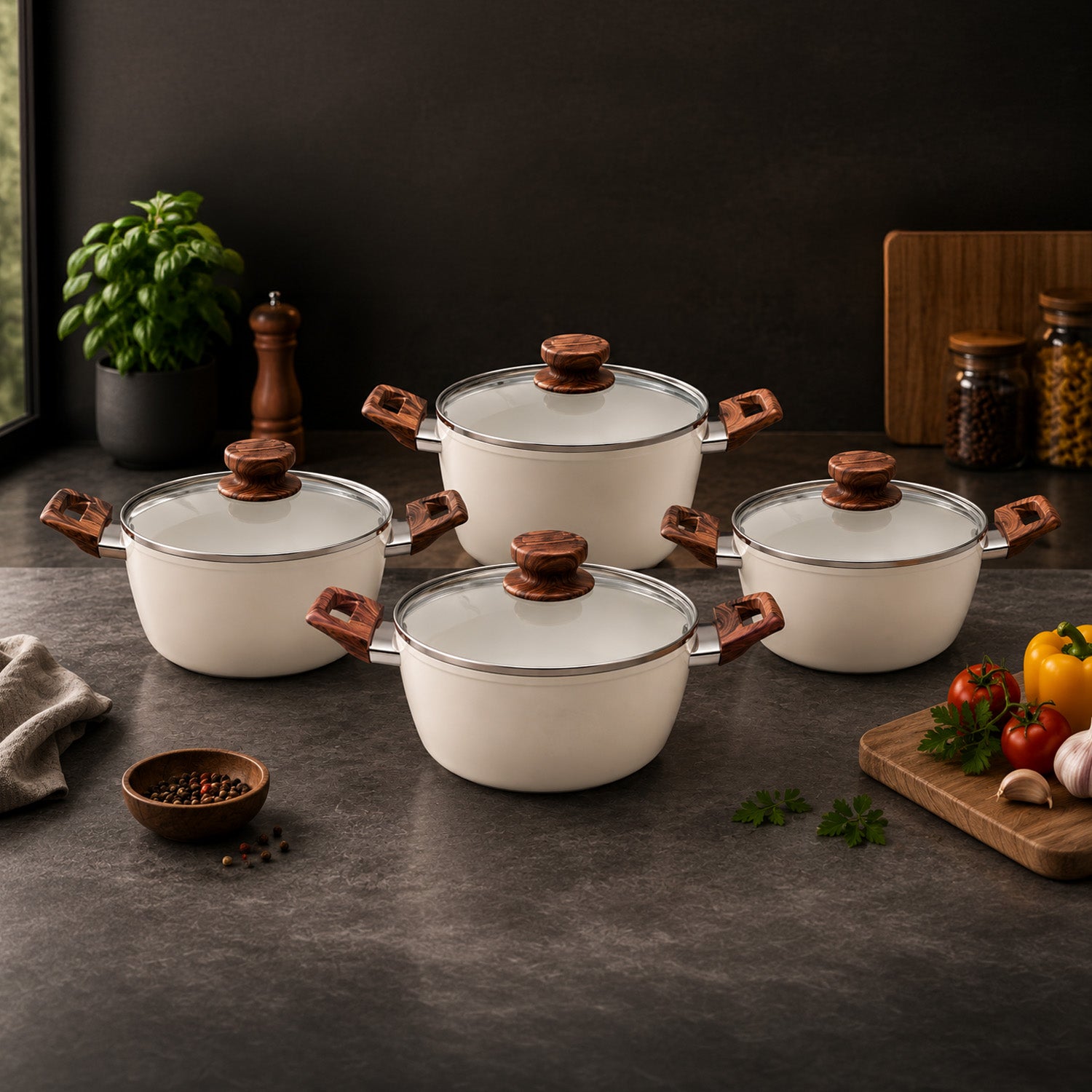 4-Piece Marvera Cream Non-Stick Forged Casserole Cookware Set