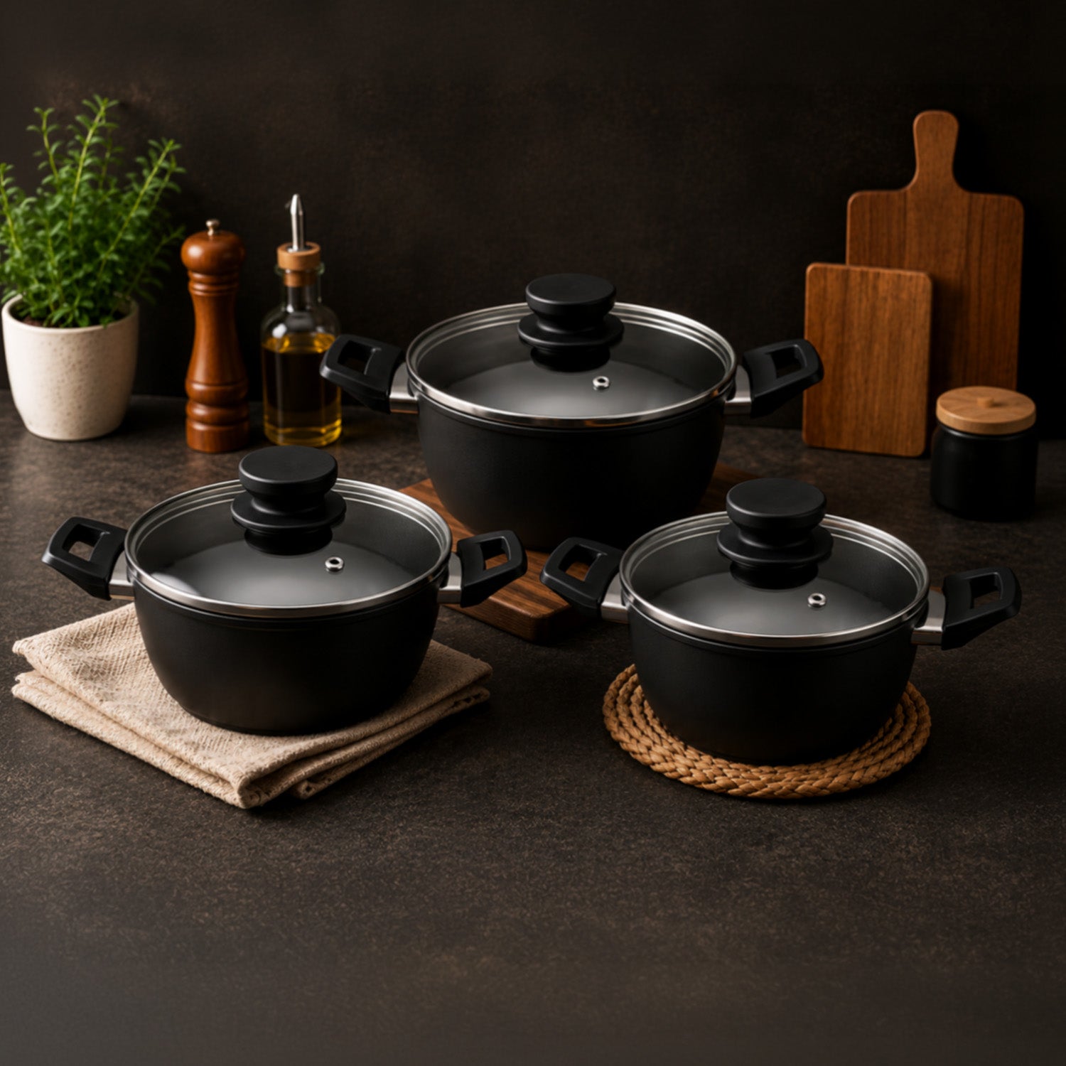 3-Piece Marvera Black Non-Stick Casserole 5-Layer Cookware Set