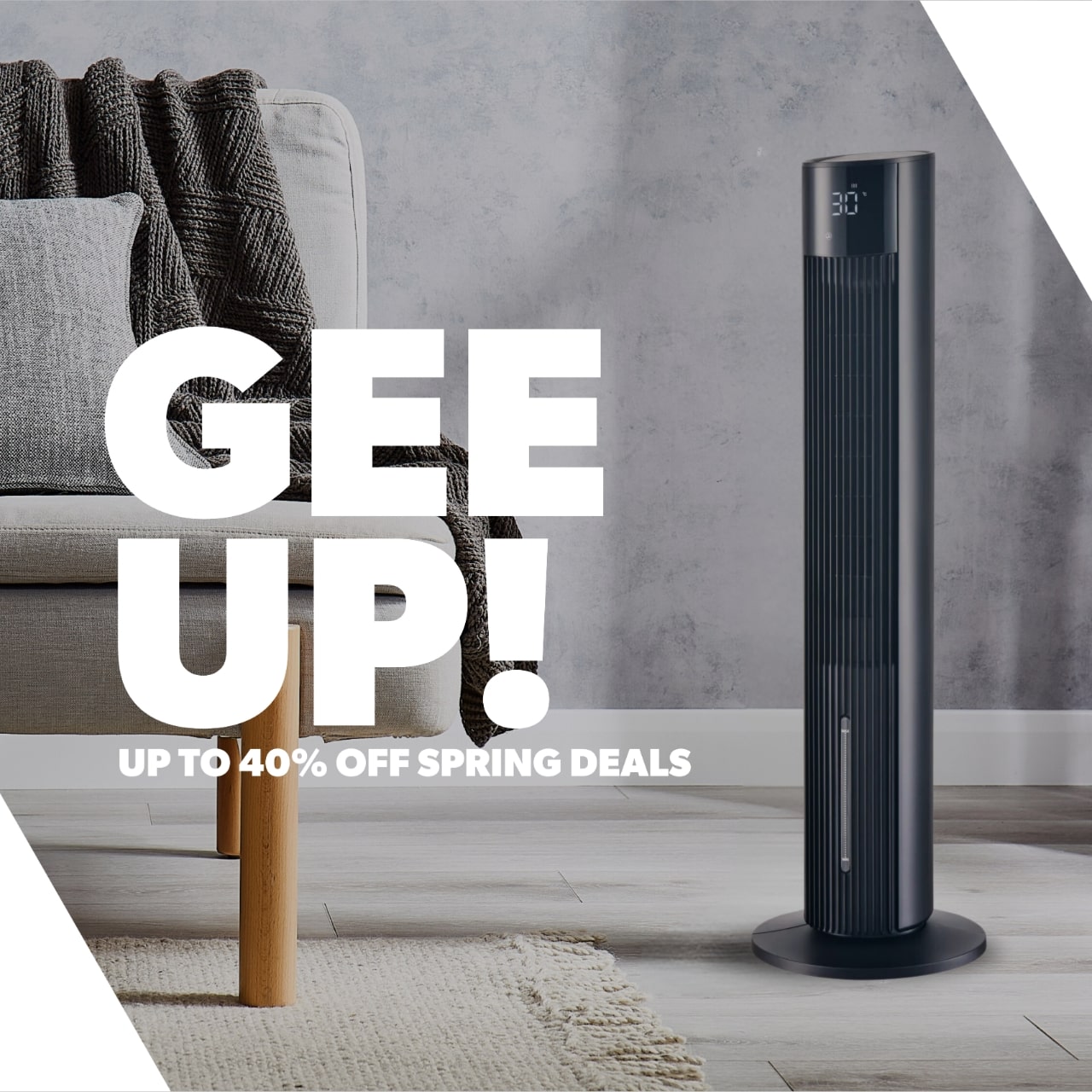 The image shows off the 3-in-1 air cooler and fan in a living room environment next to a sofa with a promotional message next to it about the spring sale