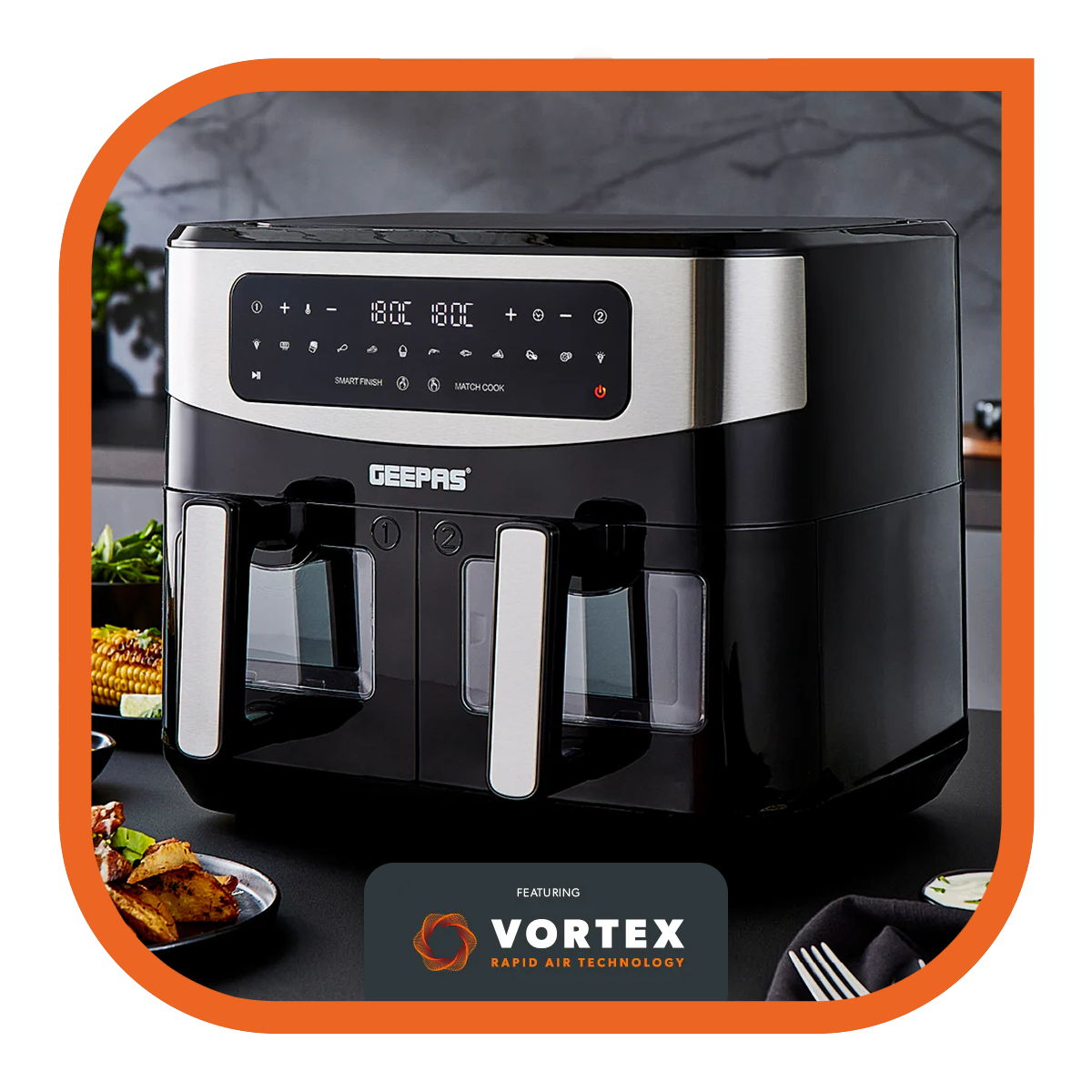 The image shows a dual basket air fryer on top of a kitchen countertop with a few different air fried dishes around it. The image is part of the vortex air fryer collection.