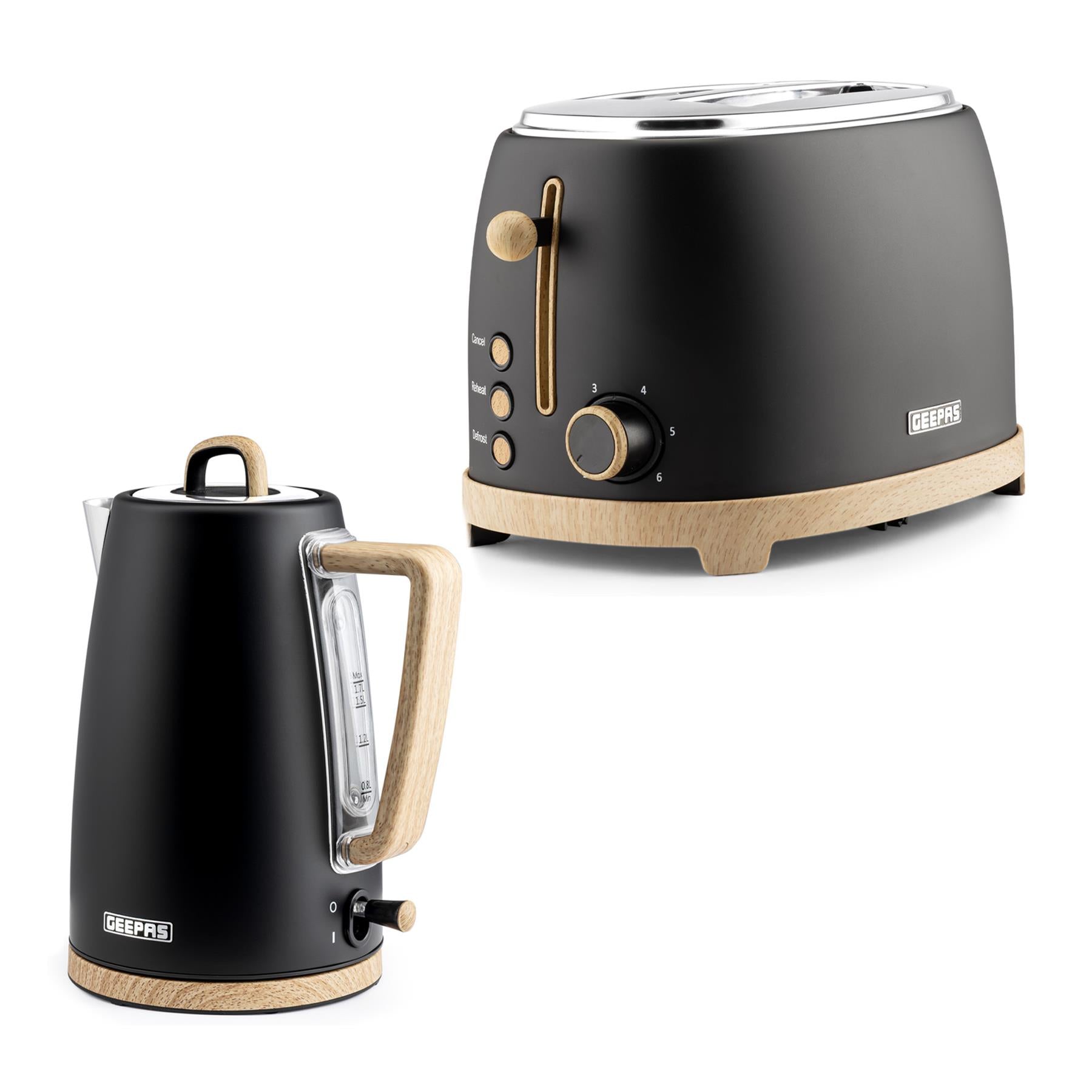 Black kettle and toaster set with wooden accents on a white background