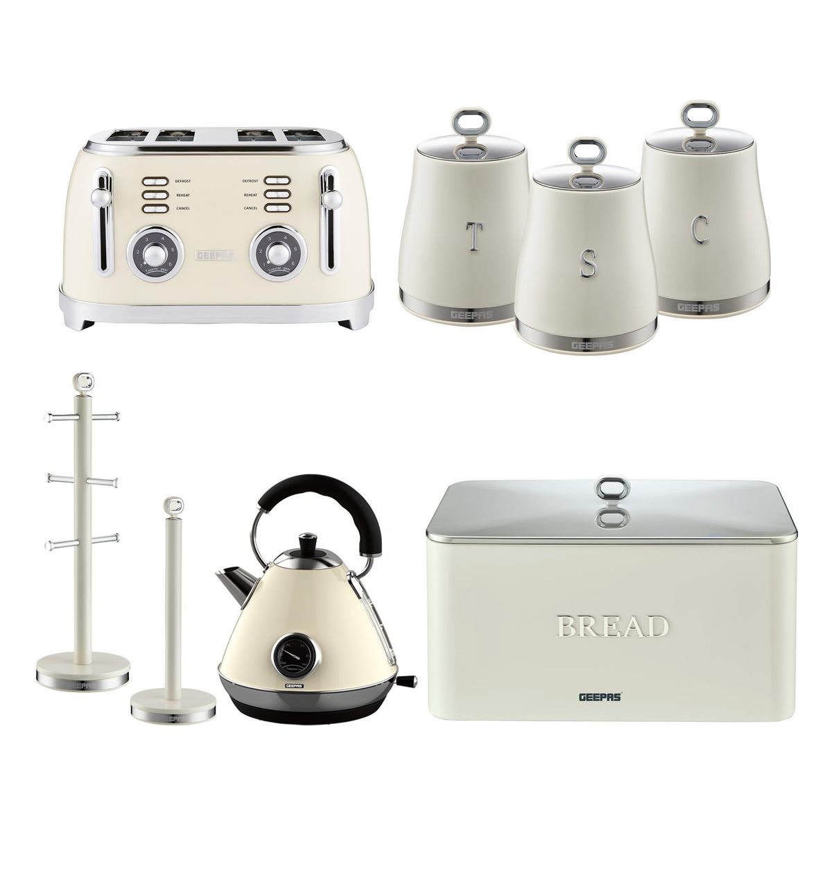 Cream Retrovive Kettle, 4-Slice Toaster, Bread Bin, Canisters, Mug Tree & Tower Pole