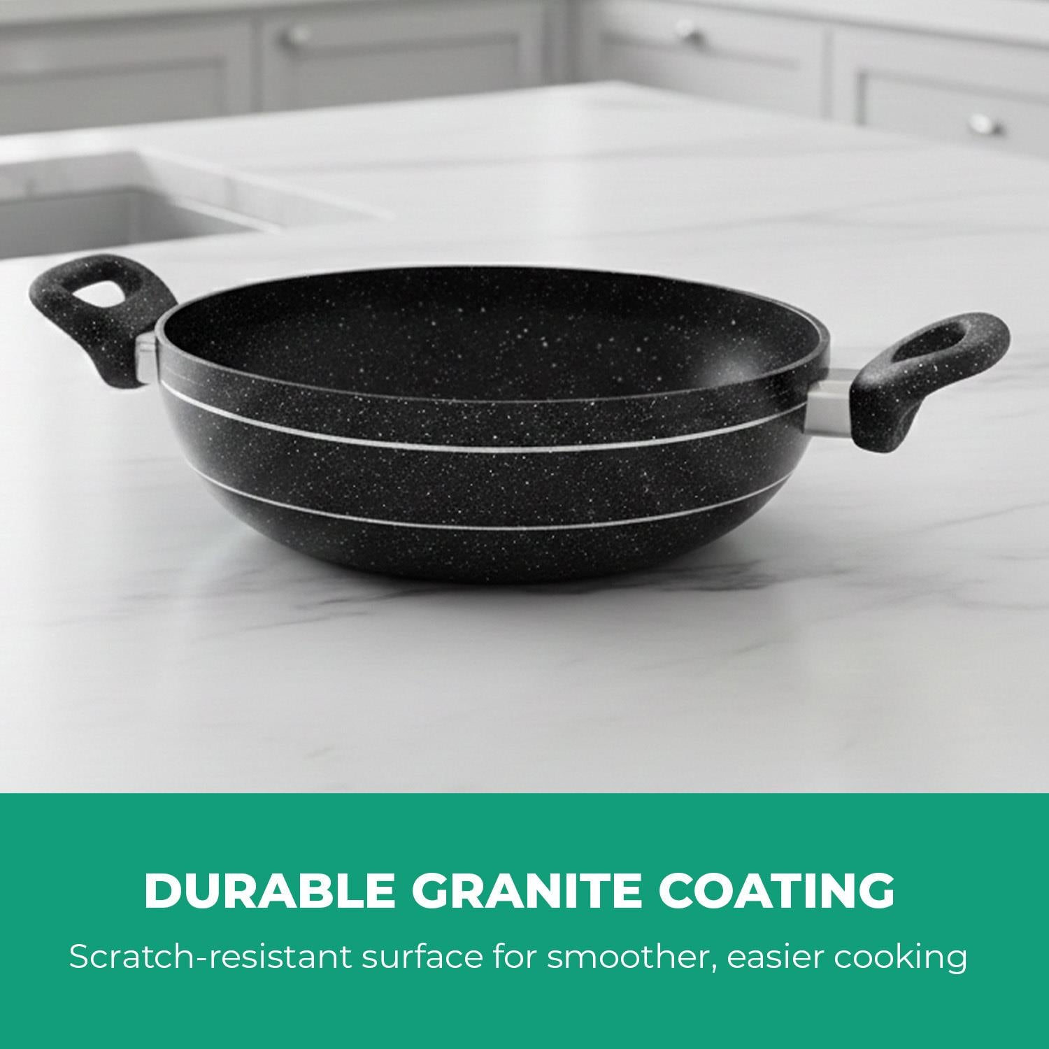 Wok Pan Frying Pan Glass Lid Non-Stick Granite Coating 28Cm