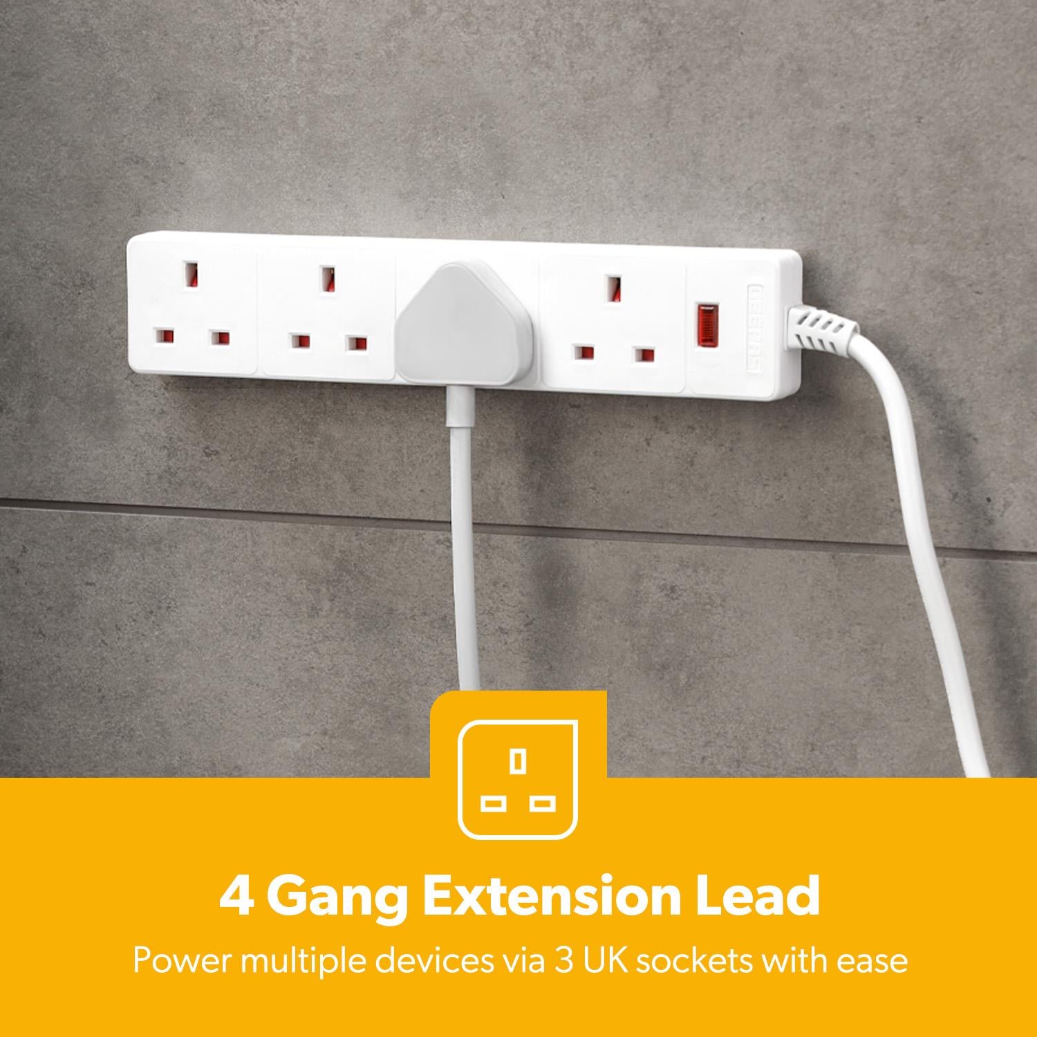 4 Gang Extension Lead 2M Cable Heavy Duty UK Plug White