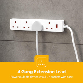 4 Gang Extension Lead 2M Cable Heavy Duty UK Plug White