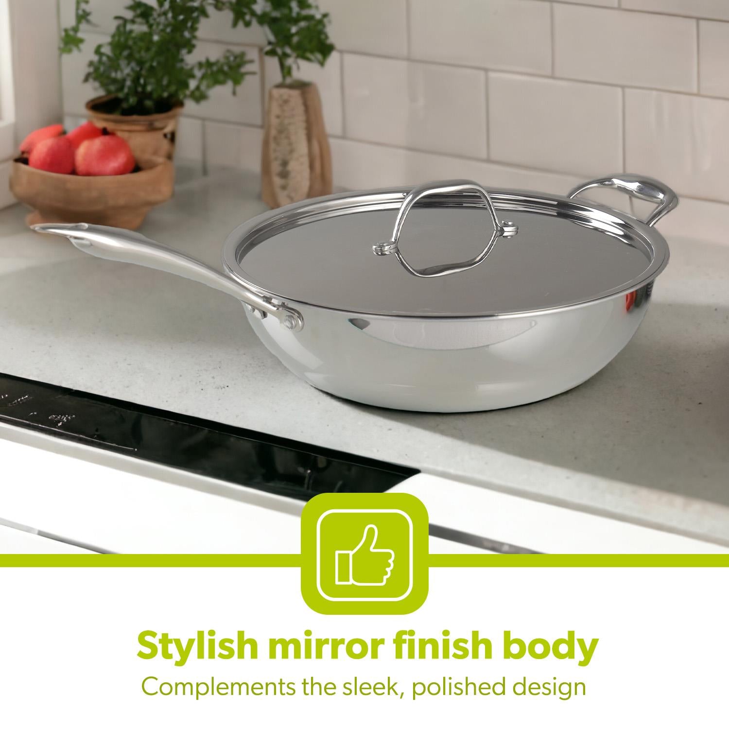 28cm Stainless Steel Tri-Ply Wok Pan With Lid