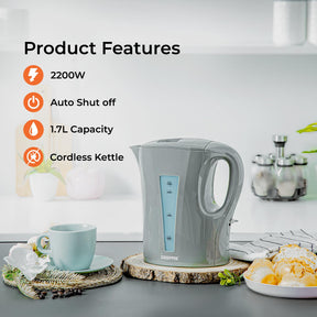 1.7L Electric Kettle & 650W 2 Slice Bread Toaster Combo Set Grey